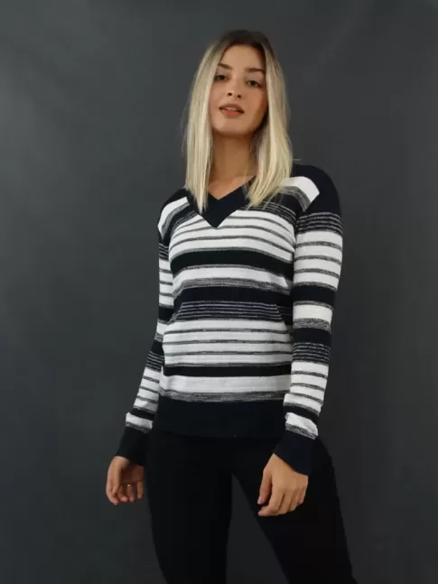 Blusa Feminina em Linha Decote V Listras Azul Marinho Branco e Cinza [2105026]