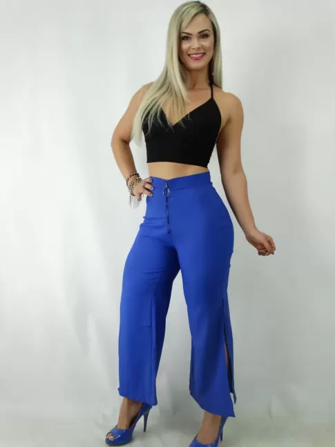 Calça Pantacourt Em Tecido Frente com Ziper Azul Caneta [1901214]