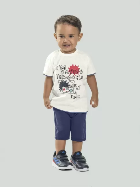Conjunto Infantil Masculino Blusa T-Shirt Estampada e Short Com Cadarco Off White e Azul Marinho [2008212]