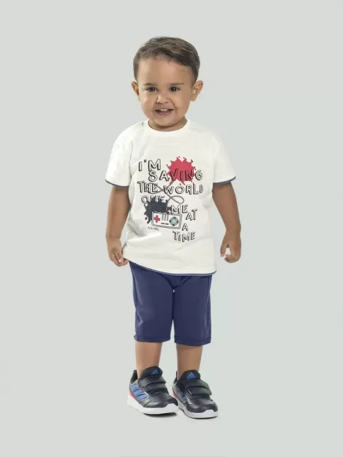 Conjunto Infantil Masculino Blusa T-Shirt Estampada e Short Com Cadarco Off White e Azul Marinho [2008212&91;