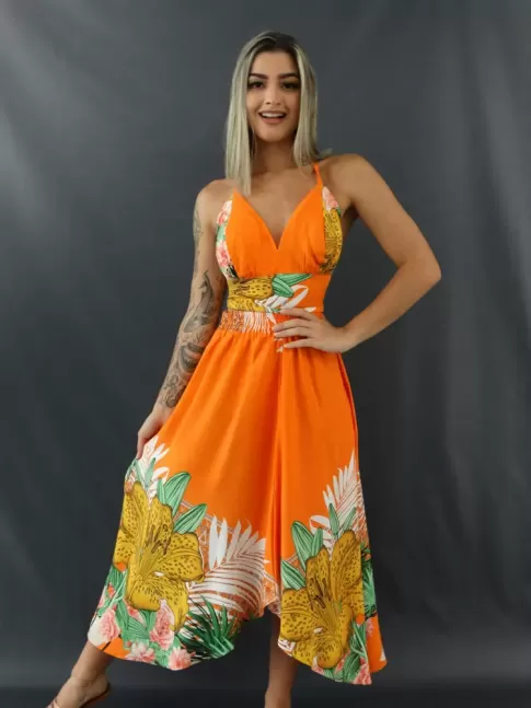 Conjunto Saia Barra Arredondada e Cropped em Viscose Laranja Flores e Folhas [2101079]