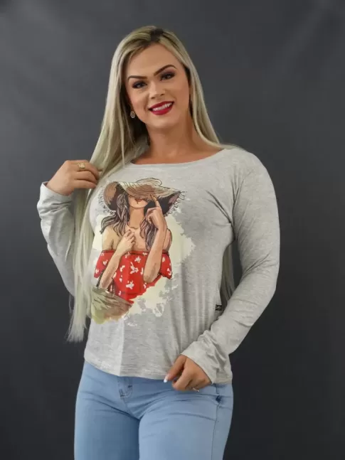 Blusa Manga Longa Gola Canoa em Viscolycra Cinza Menina Estilosa  [2105069]