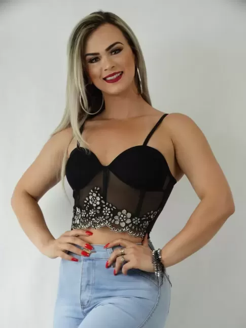 Cropped em Suplex Detalhe Renda Preto Flores [1910418]