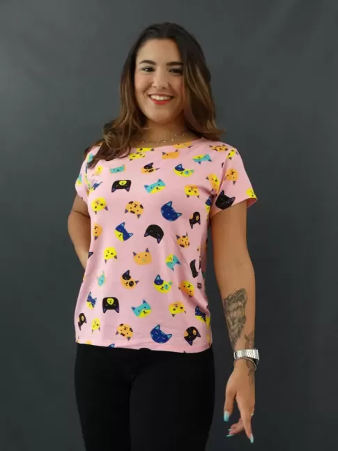 Blusa Feminina T-shirt Estampada em Viscolycra Rosa Gatos [2109225]