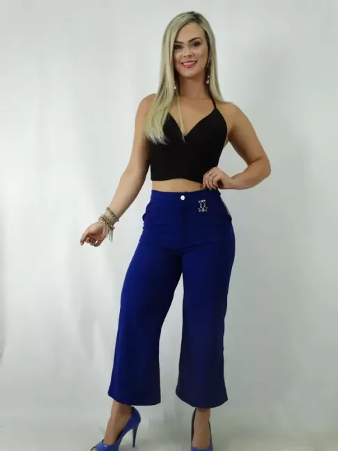 Calça Pantacourt Em Tecido Frente com Bolsos e Pingentes Azul Caneta [1901231]