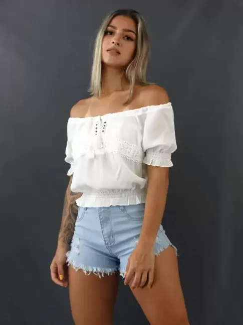 Blusa Ciganinha com Lastex e Renda Guipir em Crepe Branco [2102005]