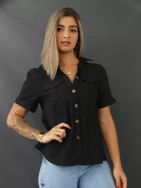 Blusa de Manga com Botões e Bolso em Crepe Preto [2103024]