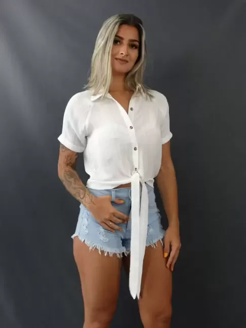 Blusa de Manga com Gola e Botões Detalhe Listras em Crepe Branco [2102014&91;