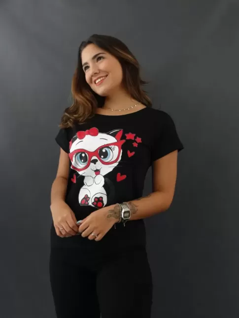 Blusa Feminina T-shirt Estampada em Viscolycra Preto Gata de Oculos [2109222]
