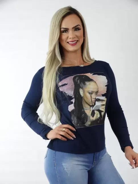 Blusa Manga Longa Gola Canoa em Viscolycra Azul Marinho Estampada [2209080]