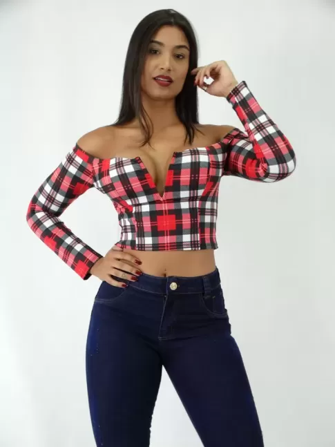Cropped em Suplex Estilo Ombro a Ombro Manga.L Xadrez Tartan