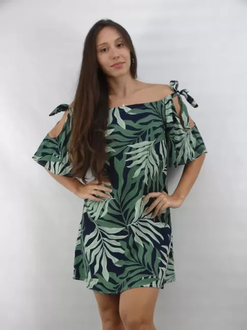 Vestido Ciganinha Manga Flare em Viscose Azul Marinho Folhas [2303030]