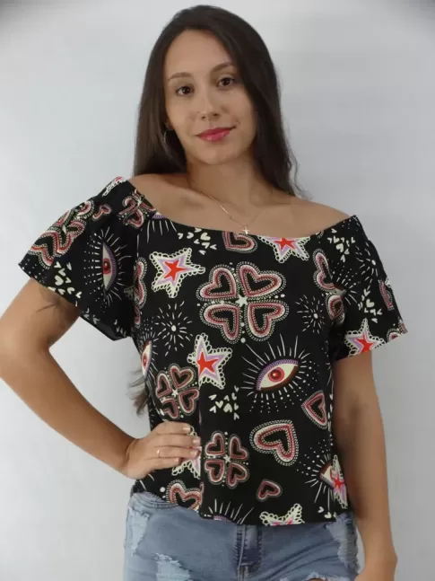 Blusa Feminina Ciganinha Estilo Bata em Viscose  Preto Olhos Coracoes e Estrelas  [2303006]