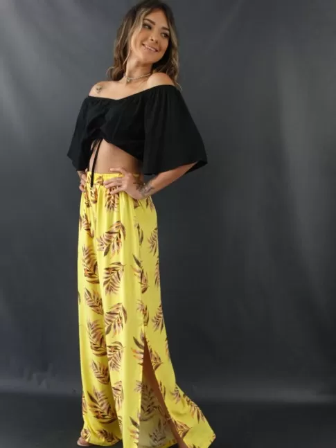 Calca Feminina Pantalona Cos  com Elastico Laterais com Fenda em Viscolinho Amarelo Folhas [2110073]  