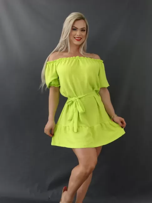 Vestido Ciganinha Soltinho com Cinto em Fluid Verde Neon [2112031]