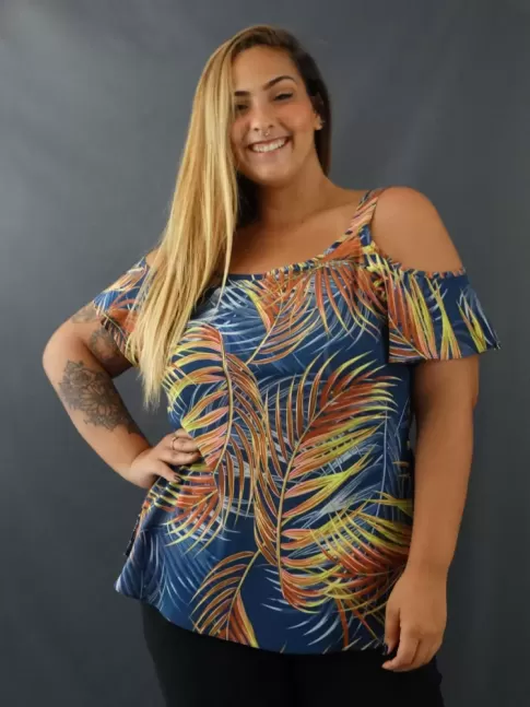 Blusa Evase Ombro Vazado em Viscose Plus Size Azul Folhas F [2203026]