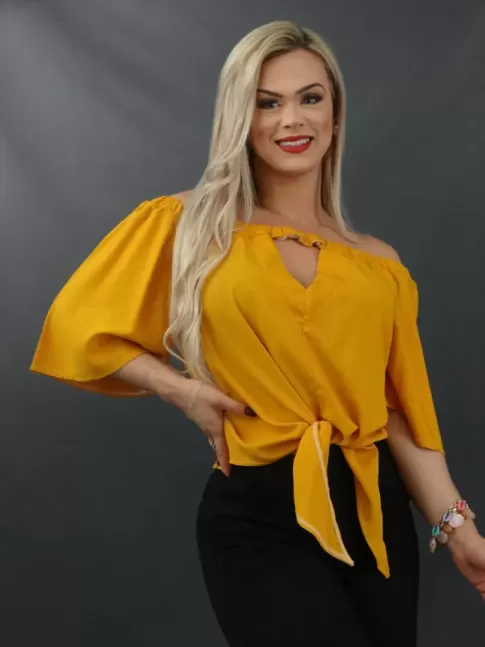 Blusa Ciganinha Decote Diamante Manga Flare Mostarda [2112009]