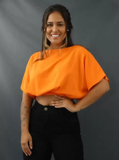 Blusa Cropped Manga Morcego com Elastico em Viscolinho Laranja [2203010]