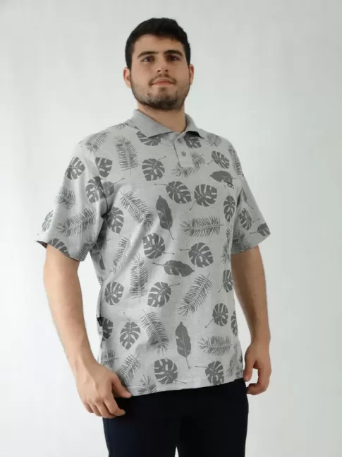 Camisa Polo Masculina em Malha Cinza Folhas [1907192]