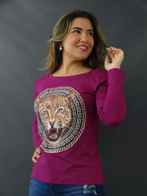Blusa Feminina Manga Longa Gola Canoa em Viscolycra Violeta Estampa Onca[2205035]