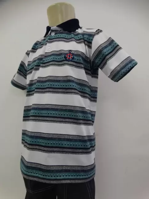 Camisa Polo Infantil em Malha Listras Branco com Cinza [1905020]