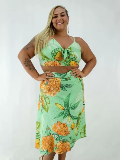 Conjunto Saia Envelope e Cropped em Viscose Plus Size Verde Etnico Folhas [2001041]