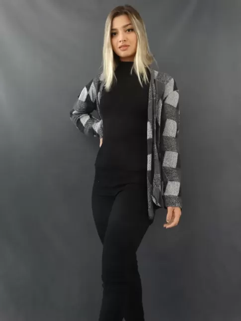 Kimono Feminino em Tricot Xadrez Cinza com Preto e Branco [2107058]