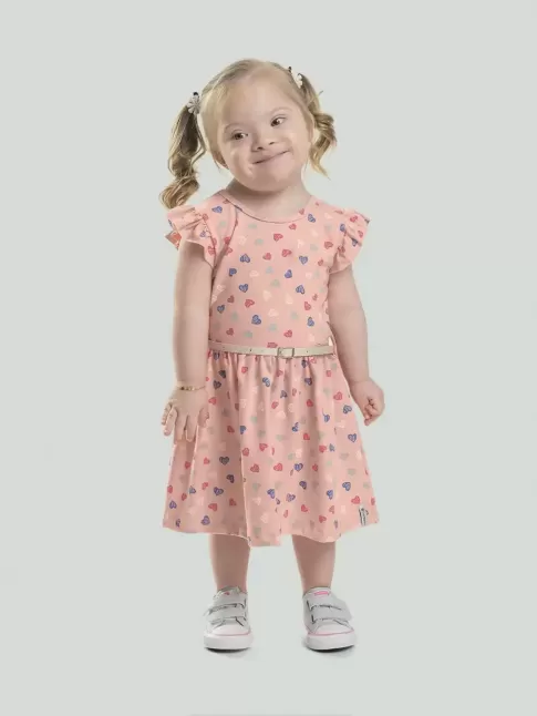 Vestido Infantil Manga c/ Babado em Cotton Lycra Estampado Rosé Com Coracões [2008205]