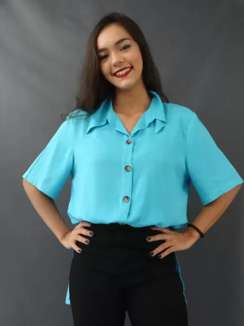 Blusão Feminino de Manga com Botões em viscolinho Azul (2206010)