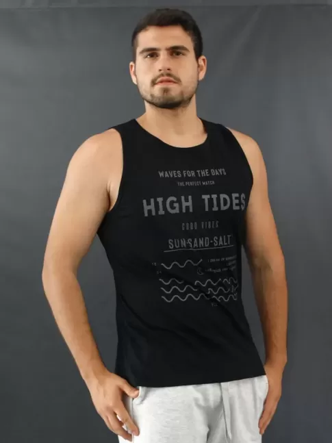 Camiseta Masculina Regata Estampada Ondas Preto [2010031]