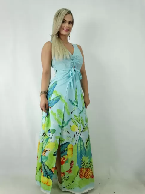 Vestido longo em viscose com Fenda e Decote V Torcido Azul [1901246]