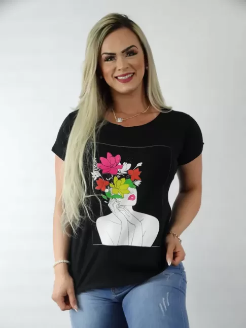 Blusa Feminina T-shirt em Viscolycra Preto Estampa Frida Florida [2209076]