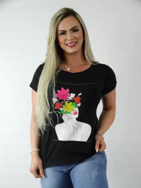 Blusa Feminina T-shirt em Viscolycra Preto Estampa Frida Florida [2209076&91;