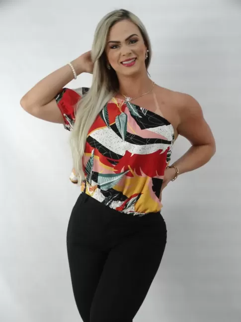 Blusa Feminina Cropped Um Ombro So Manga com Elastico em Viscolinho Folhas Colors Poa [2210028]