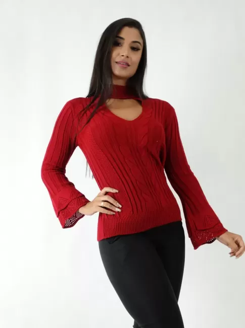Blusa em Tricot Detalhes Manga Longa Flare Decote Diamante Vermelho [1904125]