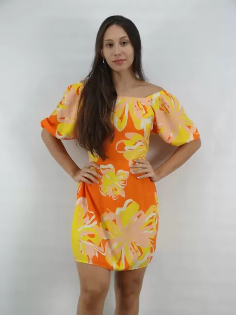 Vestido Frente Unica com Laco Manga  Punho e Decote nas Costas com Elastico em Viscose  Coral Flores Amarelas [2303034]