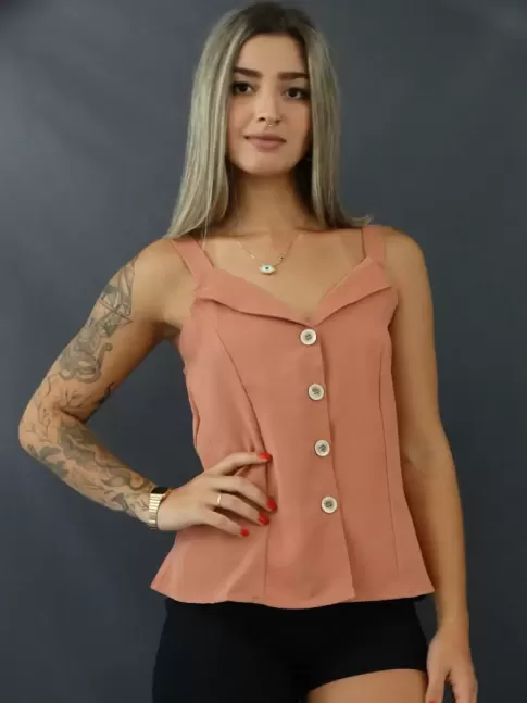 Blusa de Alça com botões em Oxford Rosa [2103020]