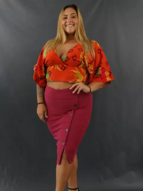 Saia Midi Frente com Botões e Fenda Plus Size em Jacquard Magenta[2106025&91;