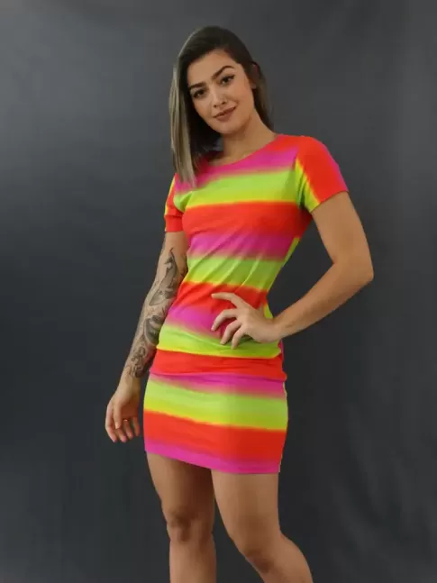 Vestido Tie Dye Meia Manga em Viscolycra Neon Colors [2009186]