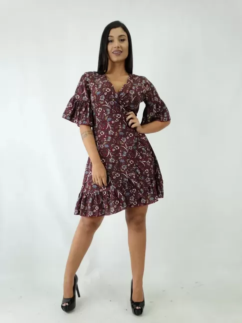 Vestido em Viscose Babado na barra e na Manga Vinho Flores