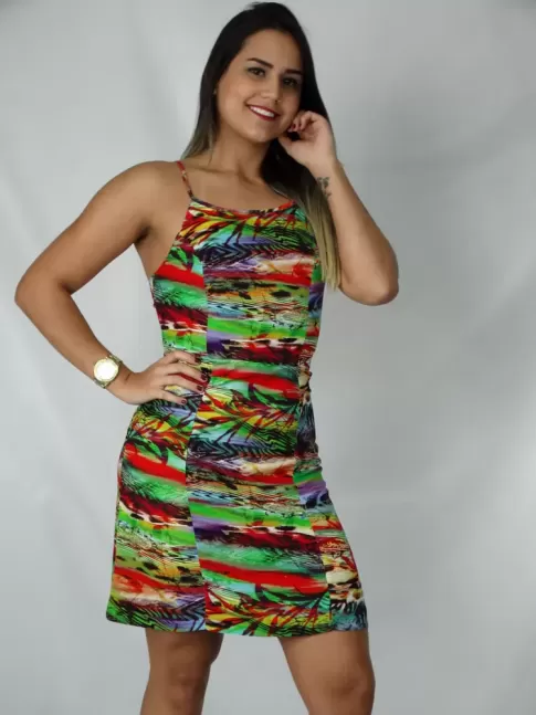 Vestido de viscose com amarração nas costas estampa reggae verde 