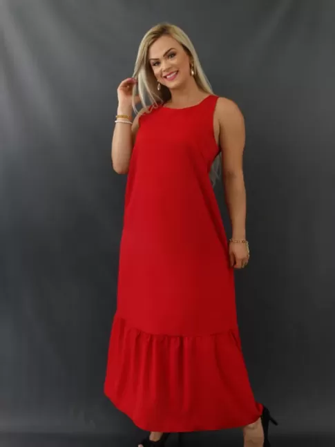 Vestido Longo Soltinho Decote Redondo Barra com Babado Vermelho Tecido Alfaiataria [ 2109281]