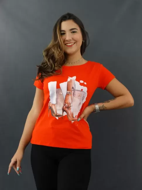 Blusa Feminina T-shirt Estampada em Viscolycra Vermelho Scarpin [2109214]