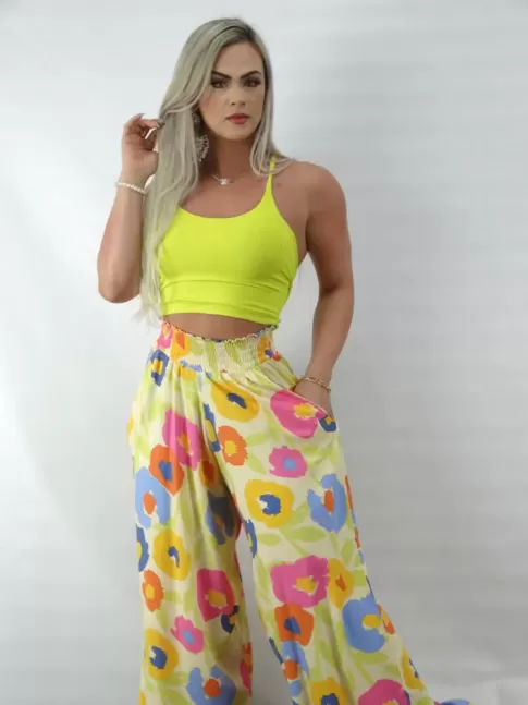 Calca Feminina Pantalona Cos com Lastex em Viscose Bege Flores Colors [2210005]