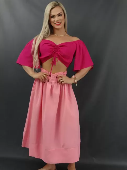 Saia Midi Cos com Elastico em Charmeuse Est. Viscose Rosa [2112038]