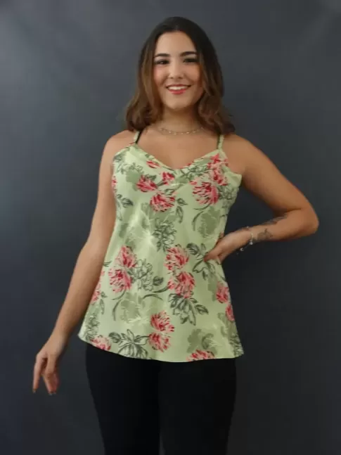 Blusa Feminina de Alça Decote "V" com Detalhes  em Viscose Verde Flores Rosa [2108026]