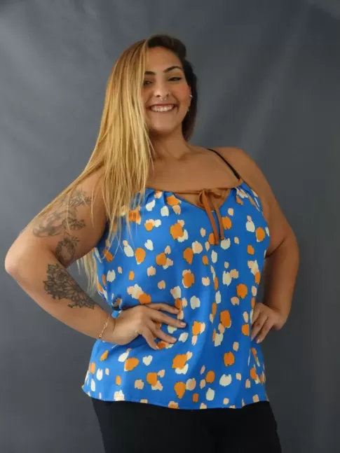 Blusa Feminina de Alça Decote Gota com Laco Plus Size em Viscose Azul Colors [2207054]