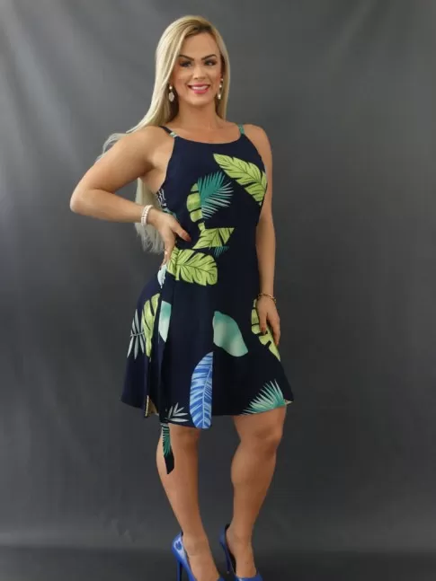 Vestido Midi de Alça com Bojo com Pala e Cinto em Oxforde Azul Marinho Folhas[ 2109273]