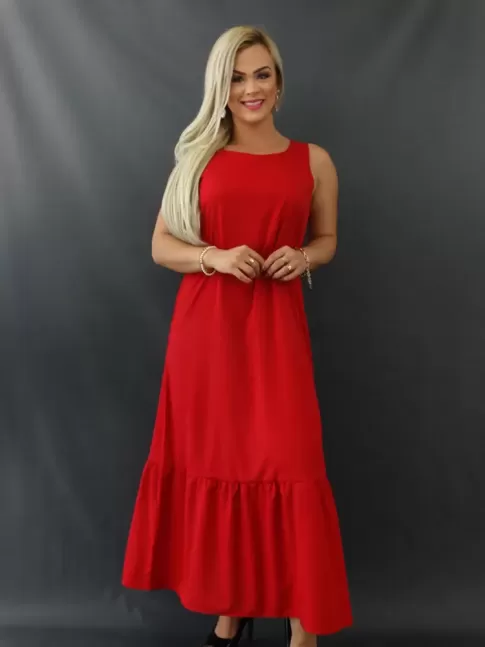Vestido Longo Soltinho Decote Redondo Barra com Babado Vermelho Tecido Alfaiataria [ 2109281]