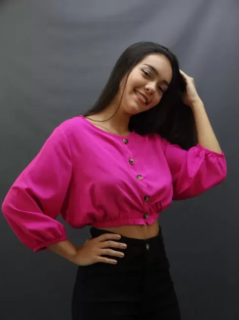 Blusa Feminina Cropped com Botoes Manga 3/4 com Elastico em Viscolinho Rosa Pink [2204018]
